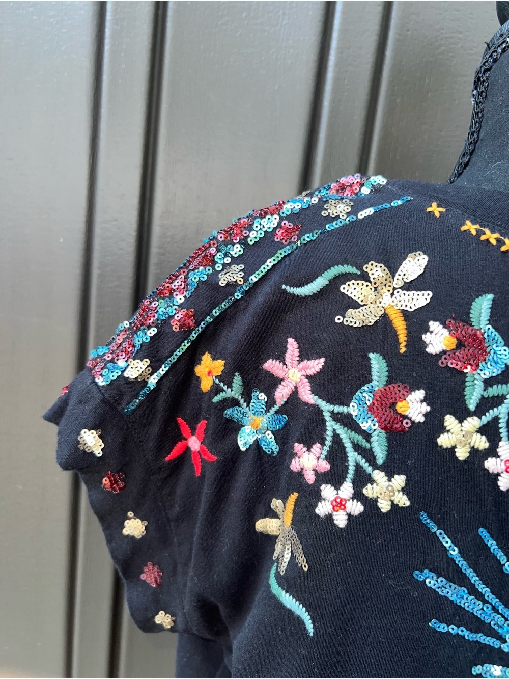 Embroidered Floral & Bird Black Women's Top - Picture 6 of 7